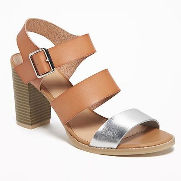 Old Navy Tan & Silver Block Heel Chunky Strap Heeled Sandal - Picture 1 of 8